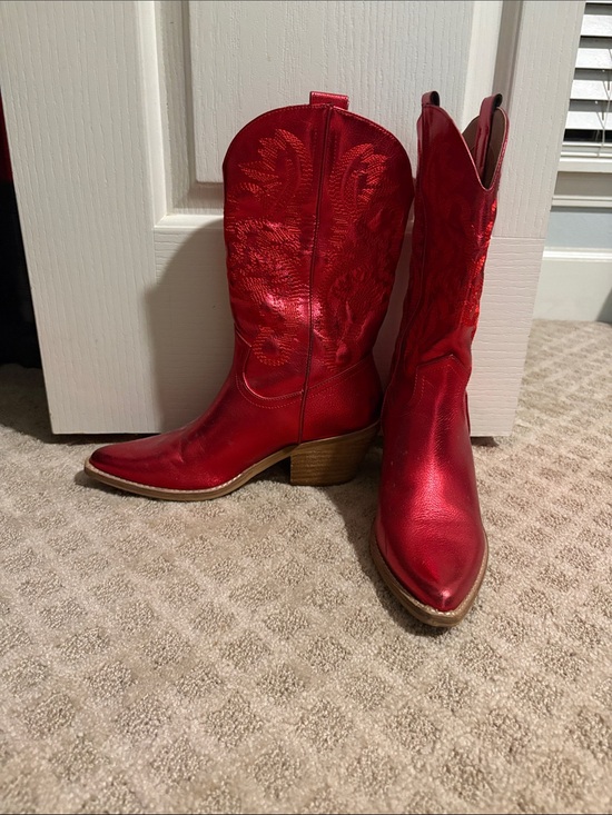 Source Unknown Shoes - Source Unknown Red Metallic Women's Lace-Up Western Boots